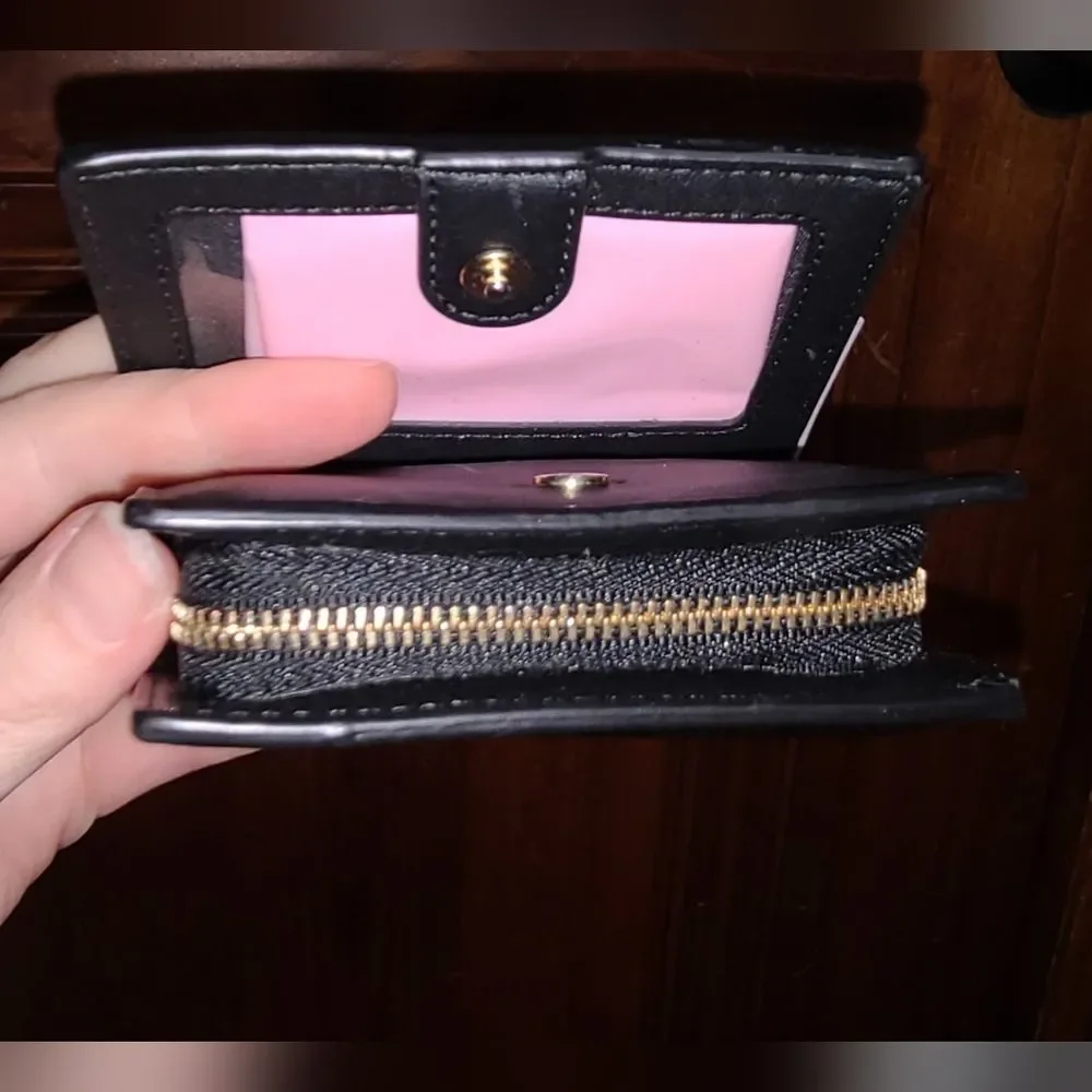NEW Coach Designer Black Leather Snap Wallet with Gold Accents